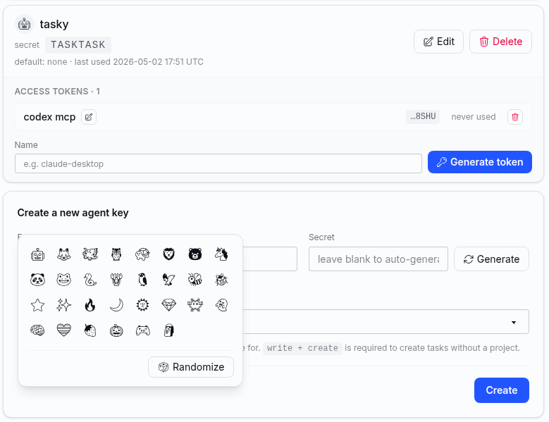 Sprawl agent settings: an existing agent with one access token, and the form to create a new agent key with an avatar picker open