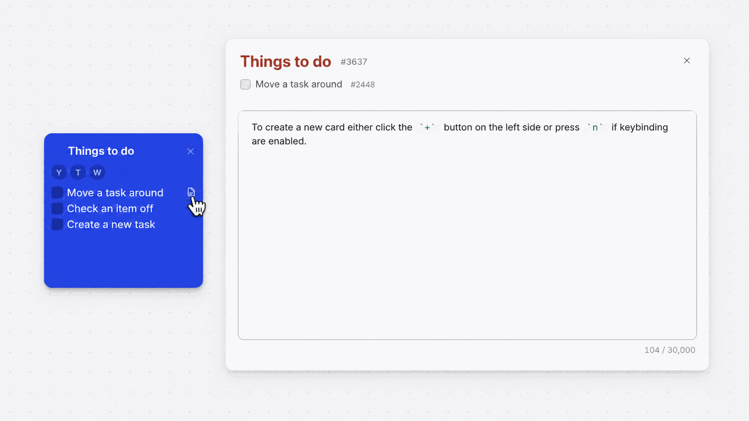 Sprawl notes drawer open on a checklist item, with markdown instructions for creating a new card